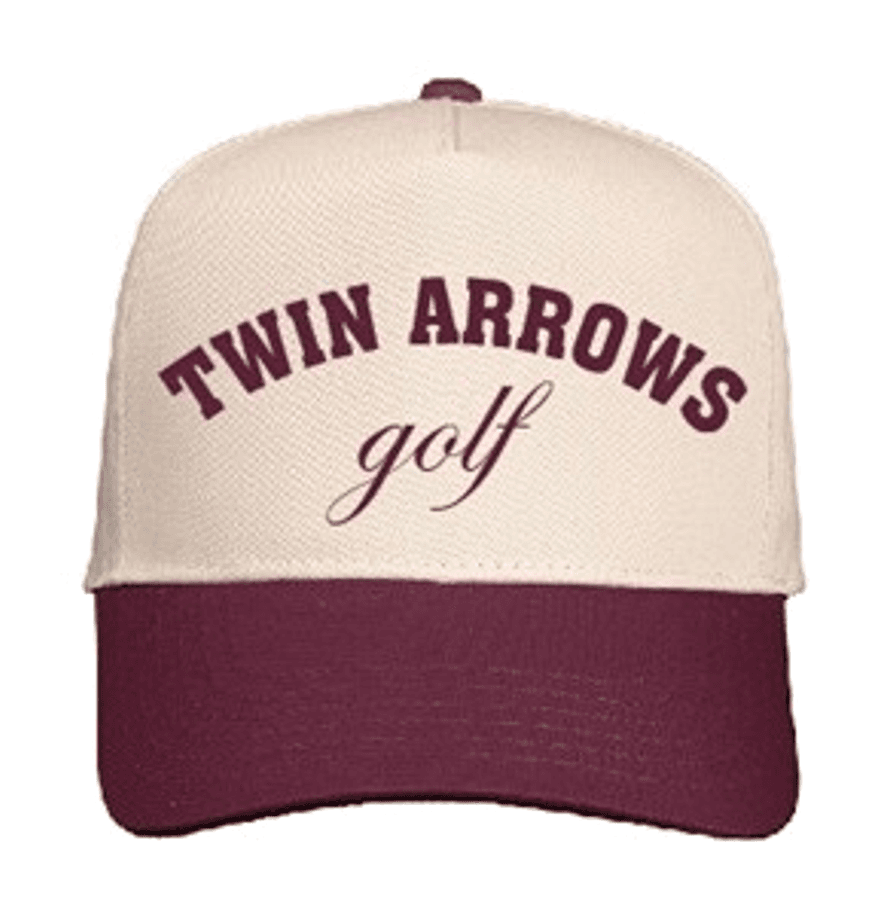 Cream and burgundy Twin Arrows Golf cap.